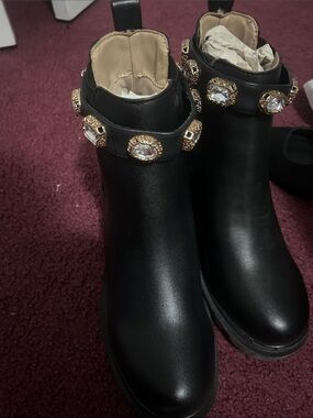 Steve Madden Black Ankle Boots with Gold-Tone Jeweled Strap